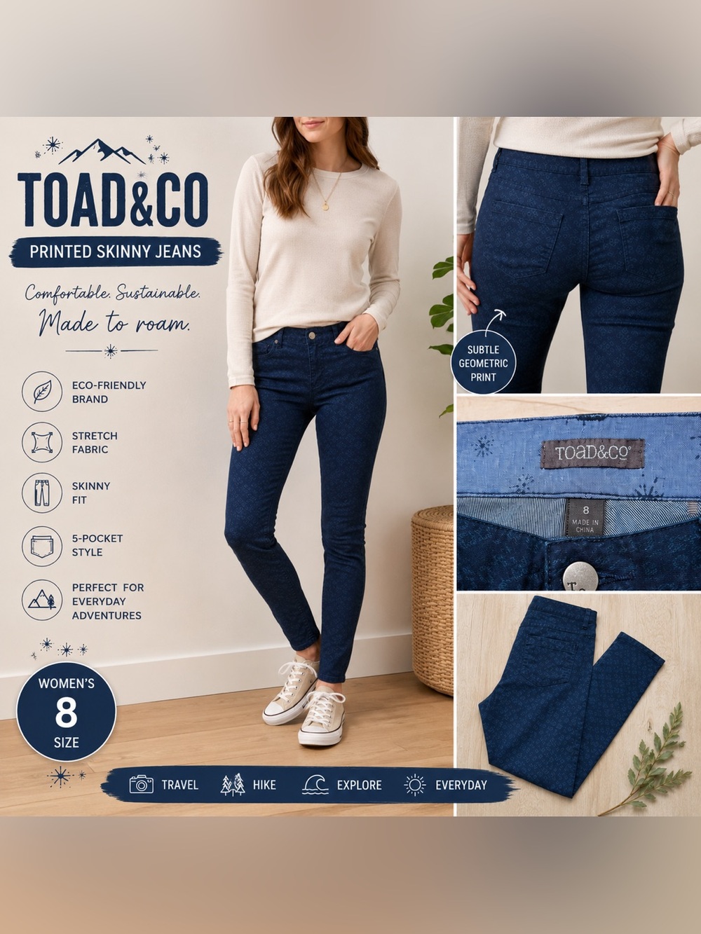Toad&Co Printed Skinny Jeans Women’s Size 8 Blue Geometric Stretch Pants Casual